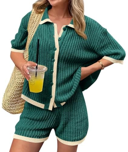 Cicy Bell Womens 2 Piece Short Sets Summer Sweater Outfits Short Sleeve Collared Tops Vacation Color Block Knit Lounge Sets - Image 1