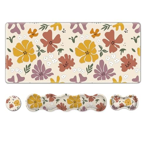 ARTSO Gaming Mouse Pad Wrist Support Set,Cute Flower Desk Mat+Mouse Pad with Wrist Rest +Keyboard Wrist Pad+Coaster,4-in-1 Mousepad Ergonomic Design for Home Office Game - Image 1