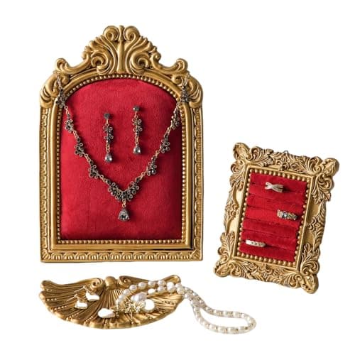 Aboacent 3-Piece Jewelry Display Stand, Velvet Necklace Display Set, Ring Holder Dish, Vintage, Earring Organizer, Baroque Trinket Storage Dish for Women Gifts, Necklace Jewelry Stand for Selling - Image 1
