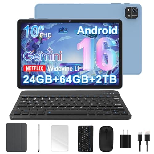 Android 16 Tablet, 10 Inch Tablet with Octa-Core, 24GB RAM 64GB ROM 2TB Expand, Gemini AI, 6000mAh, WiFi, GPS, Dual Camera, BT 5.0, 2 in 1 Tablets PC with Keyboard, Case, Mouse, Stylus (Blue) - Image 1