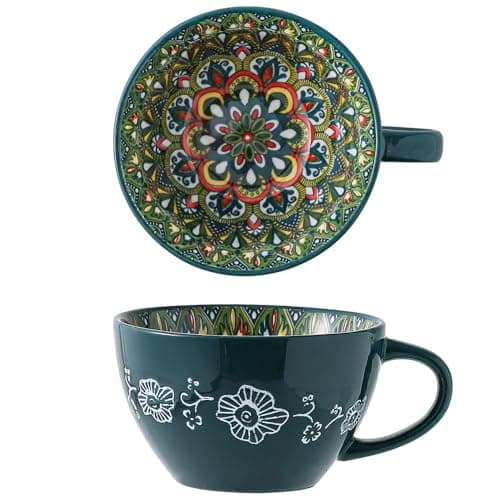JINNTHE Bohemian Hand-Painted Ceramic Mug, 15 Oz Large Coffee Cup for Milk, Tea, and Breakfast, Dishwasher & Microwave Safe Artisan Cup, Green-J - Image 1