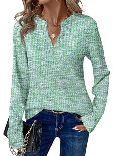 Dokotoo Long Sleeve Shirts for Women V Neck Waffle Knit Tops for Women Trendy V Neck T Shirts Womens Blouses Business Casual Outfits Spring Fashion 2026 Clothing Mint Green Tops M - Image 1