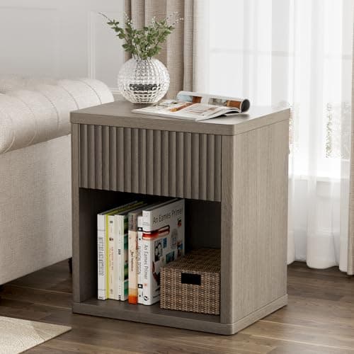 Night Stand Fluted Nightstand with Drawers for Bedroom, Modern Mid Century Bedside Table with Open Storage Shelf, Wood Night Stands End Table for Living Room Sofa Home Office Antiqued Brown Oak - Image 1