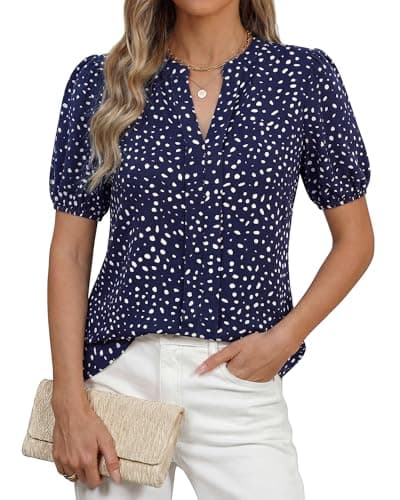 BTFBM Womens Tops 2026 Spring Casual Loose Puff Sleeve V Neck Floral Satin Work Blouse Dressy T Shirts Silk Tunics(Polka Dots Blue White,Medium) - Image 1