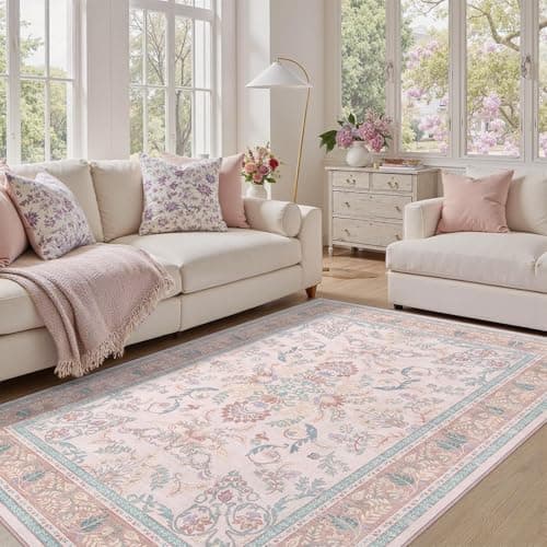 DCX Area Rug 4x6 Botanical Floral Washable Rugs in Pink and Blue Soft Non Slip Low Pile Stain Resistant Carpet for High-Traffic Areas Bedroom Kitchen Entryway - Image 1