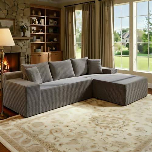 105’’ L-Shape Modular Sectional Sofa with Chaise, Convertible Cloud Couch, Corduroy Fabric & High-Density Memory Foam, No Assembly Required for Living Room (Grey, Right Facing Chaise) - Image 1