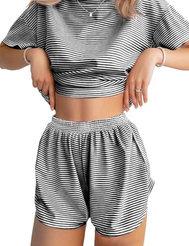 JUSTFASHIONNOW Womens Short Pajamas Set 2 Piece Lounge Set Women Stripe Print Short Sleeve Split Shorts Sets Casual Summer Shorts Sets Comfy Loungewear Outfits Black XXL - Image 1