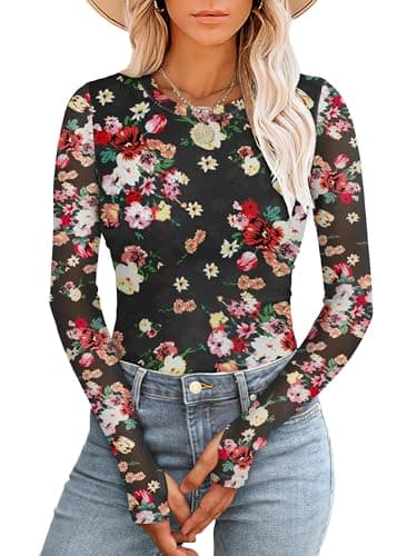 Prinbara Womens Mesh Long Sleeve Going Out Tops with Thumb Holes 2026 Spring Trendy Double Lined Fitted Cute Shirts Outfits Floral Black Small - Image 1