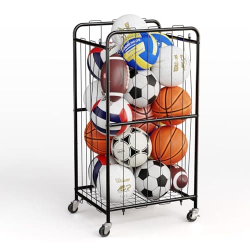 Olldide 250L 43-Inch Large Ball Storage Basket with Wheels, Rolling Cart Sports Equipment Garage Organizer with Elastic Rope for Easy Access, Holder For Basketball, Soccer, Volleyball, Football - Image 1