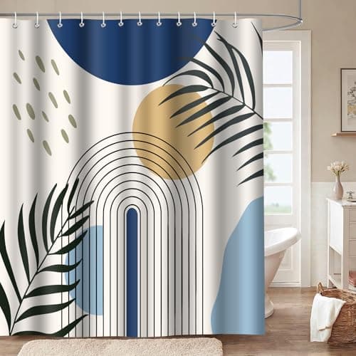 LYLYCTY Boho Shower Curtain Set, Blue Bohemian Mid Century Leaf Sun Modern Shower Curtains for Bathroom Decor Waterproof Fabric with 12 Hooks 72x72 Inches - Image 1