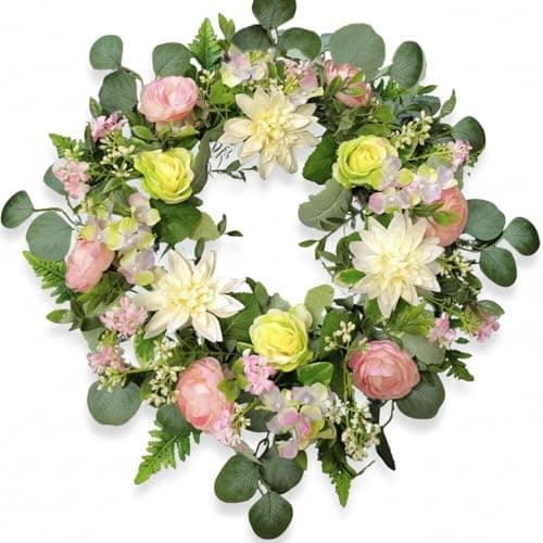 24" Large Pink Rose Wreath for Front Door - Artificial White Dahlia & Eucalyptus Floral Wreath for Spring Summer, Modern Farmhouse Decor for Baby Shower, Wall & Window Welcome Sign - Image 1