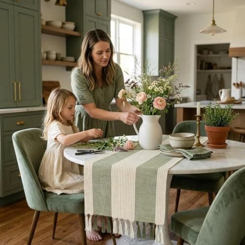 yuboo Sage Green Table Runner 72 Inches, Cotton Linen Farmhouse Dresser Runners for Bedroom, Rustic Woven Boho Coffee Table Decor with Tassels for Dining Room, Kitchen, Spring Holiday Party - Image 1