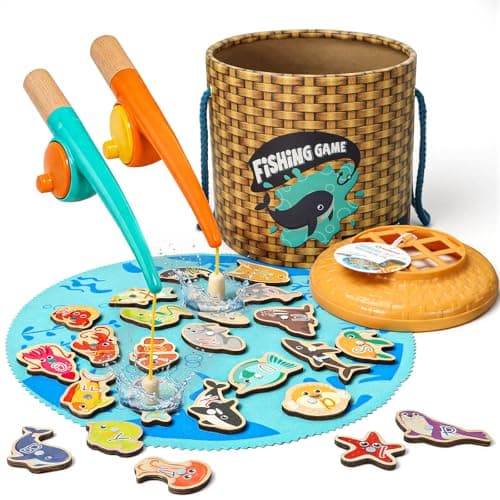 TOP BRIGHT Montessori Toddler Fishing Game - Kids Wooden Magnetic Fishing Toys Gifts for 3 Years Old Girls Boys, Fine Motor Skills for Toddler