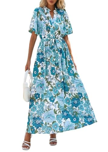 KIRUNDO Women Spring Summer Wedding Guest Boho Floral Maxi Dress Puff Sleeve Button Shirt V Neck Flowy Beach Vacation Dress(Blue Green, Medium) - Image 1