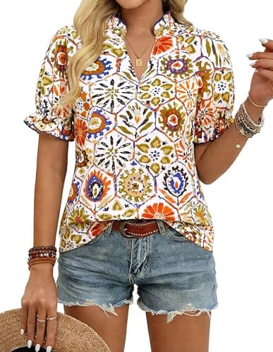GRACE KARIN Womens Boho Summer Tops,V Neck Short Sleeve Blouses Casual,Floral Print Cotton Shirts Beach Vacation Clothes 2026, White Orange Hexagonal, Medium - Image 1