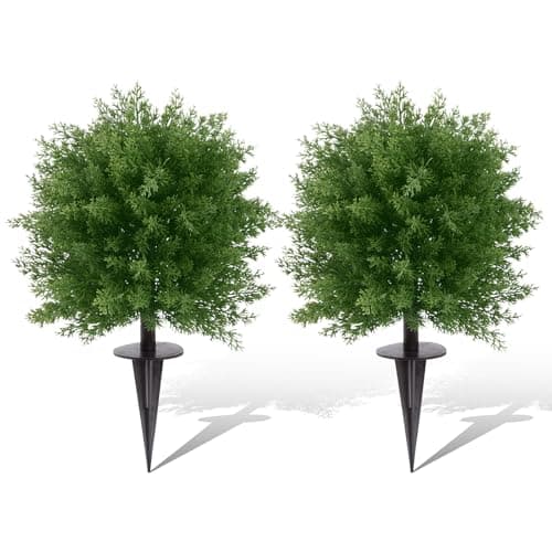 U'Artlines 23.6" Artificial Cedar Topiary Ball Trees with Ground Spike, Faux Cypress Greenery Plants UV Resistant Fake Shrubs Bushes for Front Porch Garden Yard Outdoor Decor, Set of 2 - Image 1