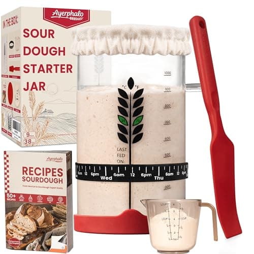 Sourdough Starter Kit - 38oz with Cookbook, Measuring Cup, Spatula, Wide Mouth Jar Cover, Thermometer, Date Marked Feeding Band, Glass Jar for Baker, Bread Baking Supplies - Image 1