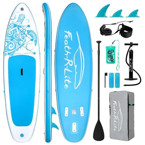 FEATH-R-LITE Inflatable Paddle Board Stand Up Paddleboards for Adults SUP with Premium Accessories Pump, Adjustable Paddle, Leash, Three Fins, Backpack (Light Blue) - Image 1