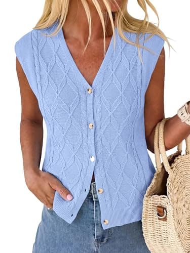 BTFBM Sweater Vest Women V Neck Cap Sleeve Button Down Knit Tops Spring Summer 2026 Loose Lightweight Cardigan Vests(Light Blue, X-Large) - Image 1