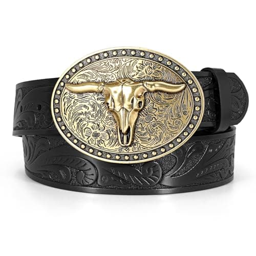 Western Leather Belt for Men Women Cowgirl Cowboy Belt Men Rodeo Western Leather Longhorn Bull Buckle Belt Leather Christmas Gifts Country Belts for Jeans - Image 1