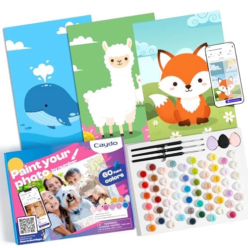 Caydo 3 Pack Custom Paint by Numbers Kit for Kids, Turn Your Photo into A3 Paint Templates in 5 Minutes via App with 60-Color Acrylic Set and 3 Blank Canvases for Craft Gift & Home Activity(No Frame) - Image 1