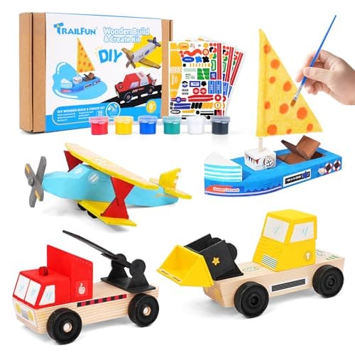 Wooden Build Paint Art Crafts Kit 3 Pack, Make Your Own Car Boat & Plane DIY Craft Toys for Kids Boys, STEM Educational Toy Set for Kids Ages 4-8, 8-12 - Image 1