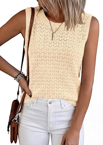KIRUNDO Sweater Vest Women Crochet Tank Tops 2026 Spring Summer Sleeveless Knit Pullover Beach Cover Up Vacation Outfits (Beige, XX-Large) - Image 1