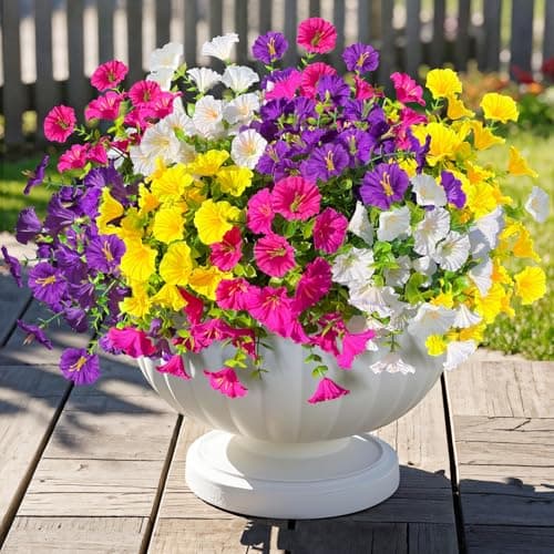 ICX 10pc Artificial Morning Glory Flowers for Outdoors,Silk Fake Flowers,Spring Flowers Artificial for Decoration,Outdoor Fake Plants for Door Porch Patio Planter Yard (Purple Yellow White Fuchsia - Image 1