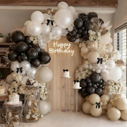 Black White Balloon Arch, Double Stuffed Pearl White Black Bow Balloon Garland Cream Ivory Sand Latex Balloons for Birthday Wedding Bridal Shower Engagement New Year Party Decorations - Image 1