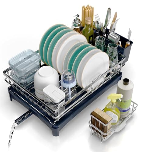 Azevix Dish Drying Rack, 304 Stainless Steel Dish Racks for Kitchen Counter with Cutlery Holder & Sponge Holder, Large Dish Drainer with Removable Drainboard, 11.8''W x 16.7''L (Stainless Steel) - Image 1