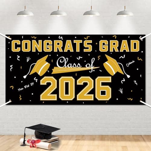 2026 Graduation Decorations - Black Gold Polyester Graduation Backdrop - Graduation Party Decorations - Congrats Grad Banner - Graduation Decorations Class of 2026,Graduation Party Favors Supplies Yard Sign - Image 1
