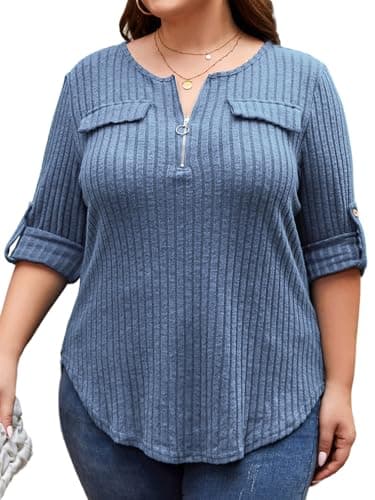 Hithymo Tunic Tops for Women Plus Size, 4XL Long Sleeve V Neck Zipper Shirts Warm Soft Lightweight Office Sweaters Flattering Quarter Zip Spring Fall Outfits Blue - Image 1