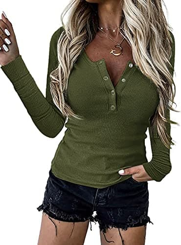 BTFBM Women Long Sleeve Shirts Fall Tops V Neck Button Up Henley Shirts Slim Fit Ribbed Knit Spring Casual T-Shirts 2026(Army Green,Small) - Image 1