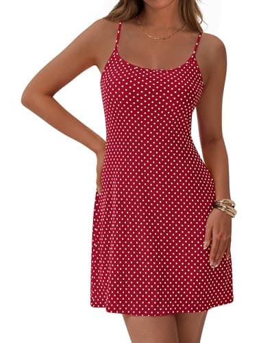 NOLLSOM Spring Dresses for Women 2026 Casual Spaghetti Strap Bodycon Mini Dress Beach Vacation Outfit(Polka Dots Wine Red White,Large) - Image 1