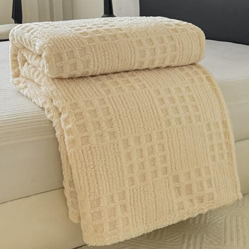 Throw Blanket for Couch or Bed,Waffle Weave Jacquard Decorative Blankets - Cozy Soft Lightweight Fuzzy Flannel Blanket(Oatmeal,60x80in) - Image 1