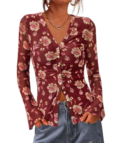 BTFBM Button Down Shirts for Women 2026 Spring Boho Tops V Neck Long Sleeve Blouses Ruched Mesh Fitted Fall Fashion(Brown, Small) - Image 1