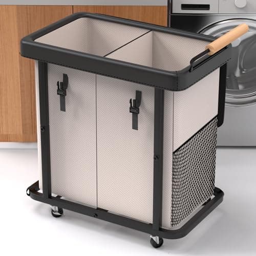 190L (50 Gal) Extra Large Fashion Laundry Hamper 2 Section with Lid, Rolling Laundry Basket Hamper with Handle, Laundry Organizer Storage Cart with Sturdy Metal Frame for Laundry Room, Hotel,White - Image 1