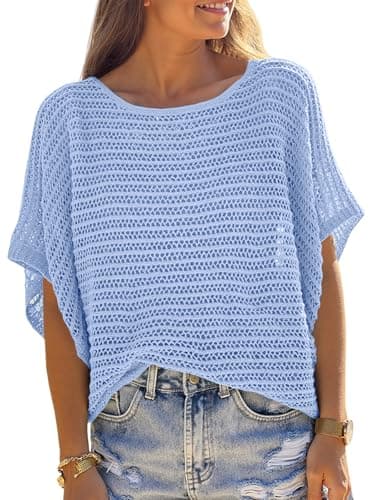 Skoinvb Crochet Cover Up Top Short Sleeve Sweater Summer Tops Loose Hollow Out Knit Pullover Tshirts Beach Swimsuit Coverup Sky Blue S - Image 1