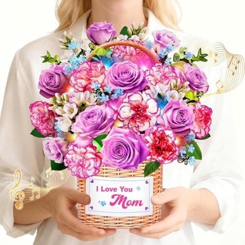 MZD8391 Mothers Day Card With Music & Lights, 3D Pop Up Mothers Day Gifts, Carnation & Rose, 10 Inch Life Sized Forever Flower Bouquet Birthday Card for Mom Wife Women Her - Image 1