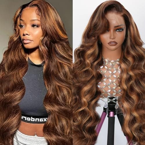 Honey Blonde Body Wave Lace Front Wig Human Hair 13x4 Full Frontal Lace Wig Skinlike HD Lace 0.10mm Ultra-Thin Invisible 4/27 Highlight Ombre Blonde 200% Density Pre plucked Bleached Knots 32 inch - Image 1