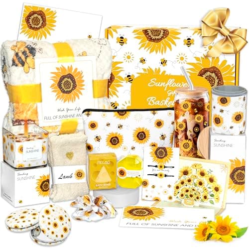 Sunflower Gift Baskets for Women,Sending Sunshine Unique Birthday Cheer Up Box Self Care Package,Get Well Soon Spa Gifts Set Box w/Blanket - Thinking of You Gift for Her,Girls,Women,Sister,Mom - Image 1