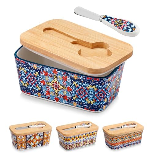 vancasso SIMI Butter Dish with Lid, 6.5" Large Butter Dish for Countertop, Bohemian Ceramic Butter Keeper Container with Knife and Bamboo Lid, Butter Holder for Counter, Twilight Bloom - Image 1