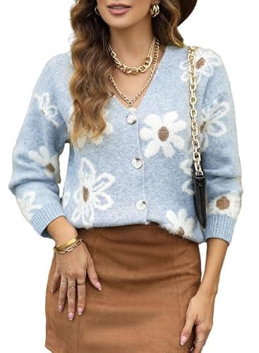 Dokotoo Womens Sweater Button Down Floral Cardigan Casual Lightweight Long Sleeve Cardigan Sweaters Sexy V Neck Elegant Shrug Stylish Beau Blue Fuzzy Open Front Outerwear X-Large - Image 1