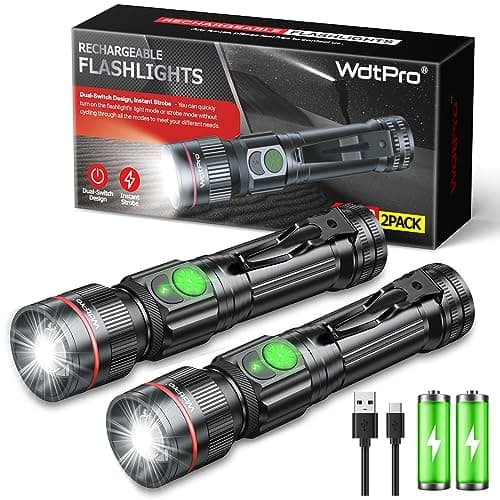 WdtPro 2 Pack Flashlights Rechargeable, Bright Mini LED Pocket Flash Lights with Clip, Zoomable, Dual Switch, 5 Modes, Waterproof Flashlight for Camping Outdoor Home Emergency (Battery Included) - Image 1