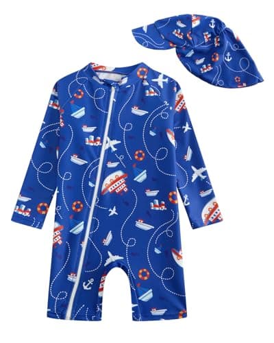 JiAmy Toddler Baby Boy Swimsuit with Sun Hat Long Sleeve Zipper Rash Guard Sun Protection Beach One Piece Bathing Suit Navy Blue 12-18 Months - Image 1
