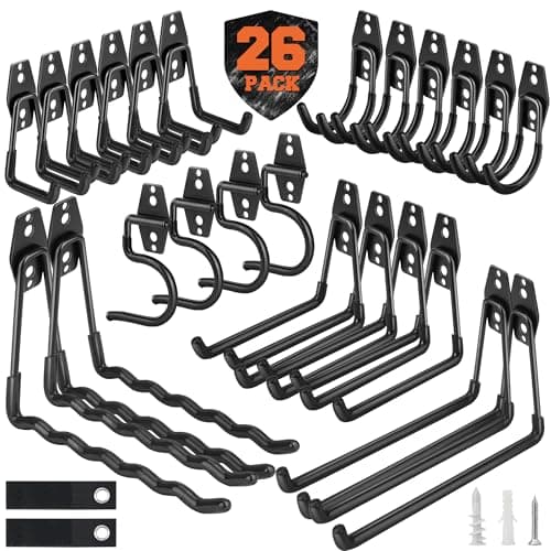 Nacial 26 Pack Garage Hooks Heavy Duty, Utility Steel Garage Storage Hooks with 2 Extension Cord Storage Straps, Utility Garage Wall Mount Hooks for Hanging Bike, Ladder and Garden Tools, Black - Image 1