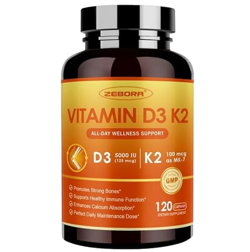 ZEBORA 6-in-1 Upgraded Vitamin D3 K2 Supplement, Vitamin D3 5000IU + Vitamin K2 MK7 100mcg for Bone & Immune Support, Efficient Absorption, Non-GMO, 120 Capsules - Image 1