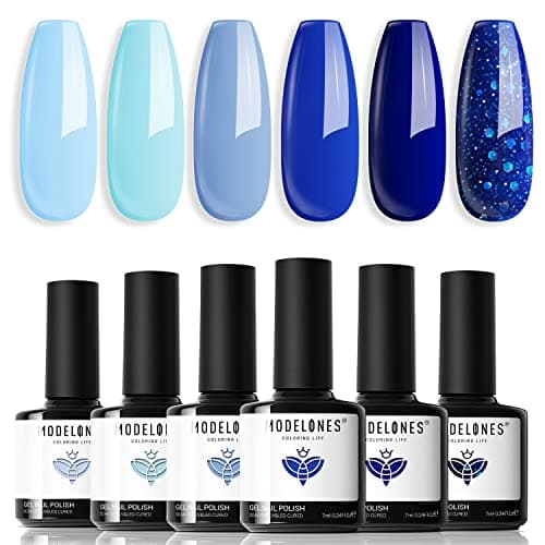 modelones Blue Gel Nail Polish Set 6 Colors, 2026 Spring Pastel Royal Navy Sky Icy Klein Blue Glitter Gel Polish Kit Light to Dark Shades Soak Off All Seaones Nail Art Gel Salon DIY Manicure Gift - Image 1