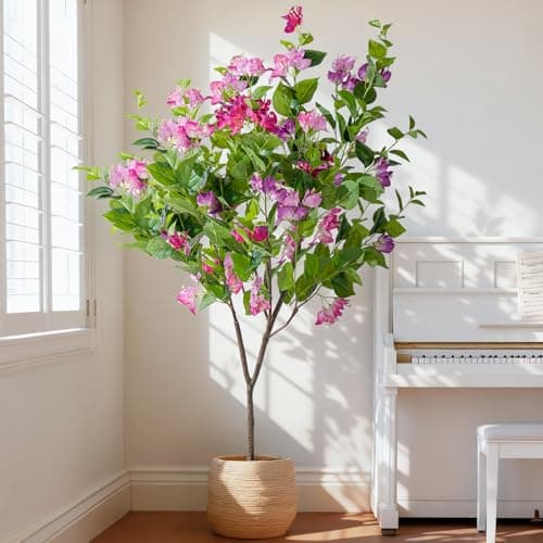 Erimda 4FT Artificial Bougainvillea Tree Artificial Tree Tall Potted Fake Bougainvillea Trees for Outdoor Indoor Lifelike Potted Faux Plants with Wood Trunk and Flowers Office Wedding Home Decor - Image 1
