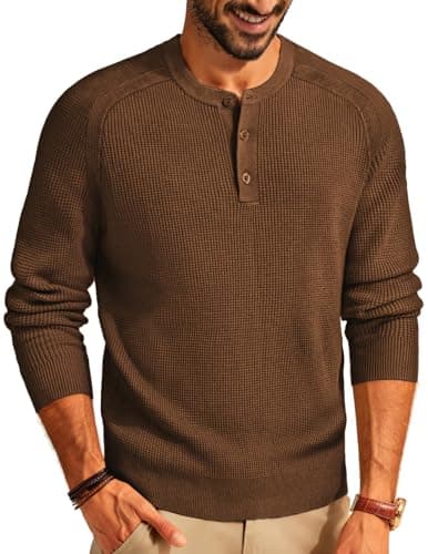Mens Waffle Knit Sweater Stretchy Pullover Jumpers Textured Fall Sweaters Coffee for Family Dinners - Image 1